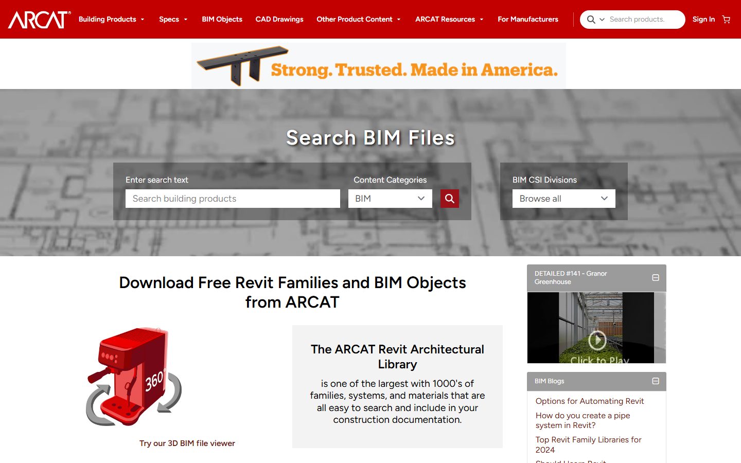 ARCAT — free Revit families and BIM objects with no registration
