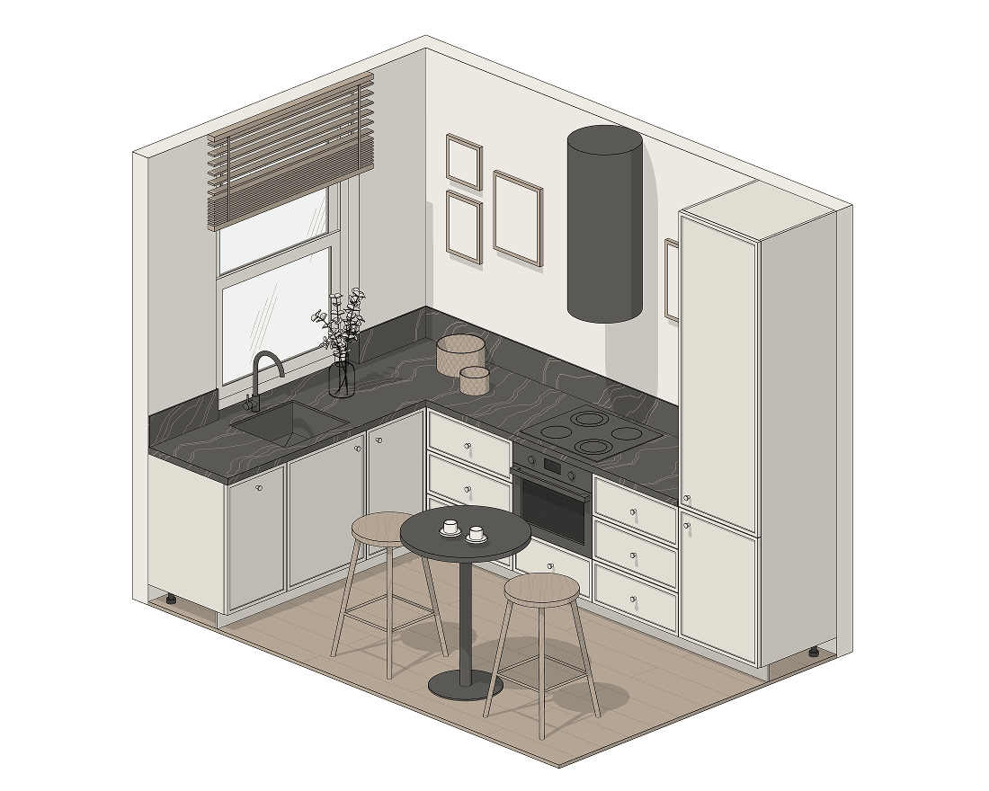 Kitchen with no wall units in Revit, built with BIMCORE families