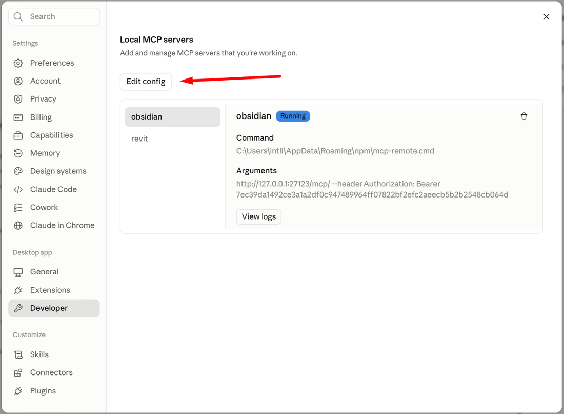 Claude Desktop Settings - Developer - Edit Config