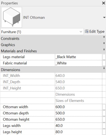 Sofas Revit Families — Materials and dimensions