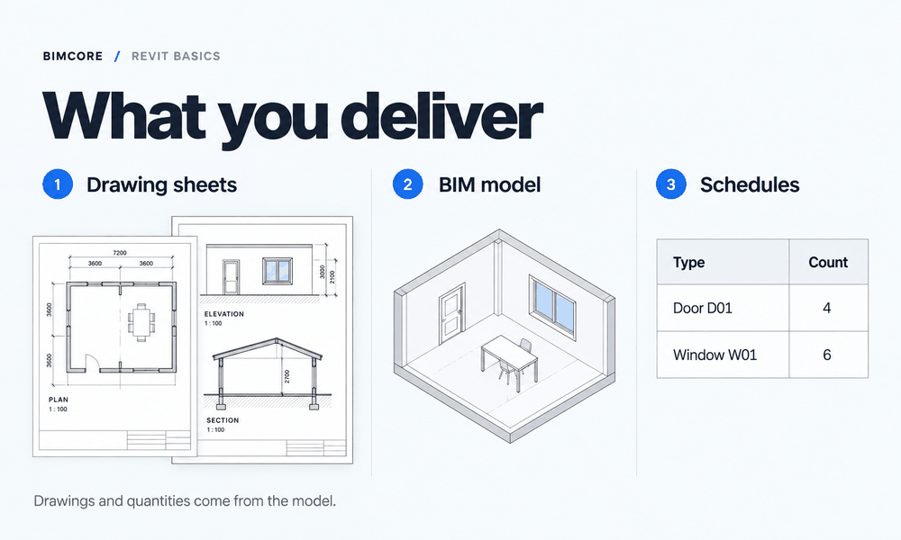 Results of working in Revit — drawing sheets, BIM model, and schedules