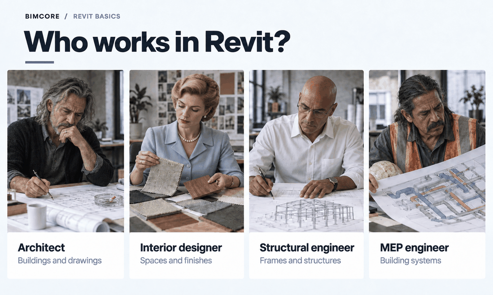 An architect, interior designer, structural engineer, and MEP engineer work on different parts of a project