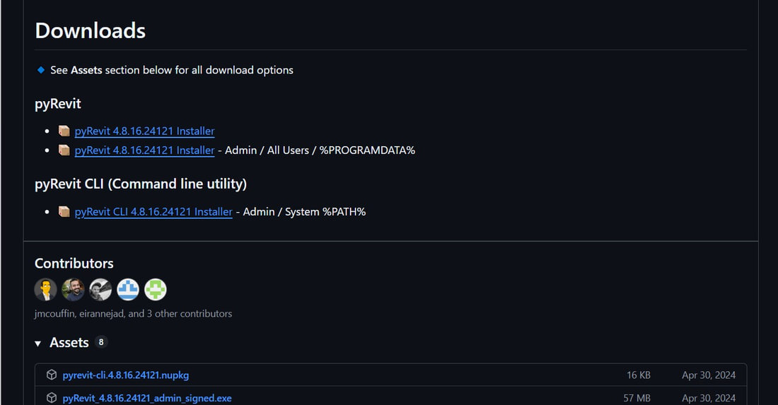 La página del lanzamiento de pyRevit 4.8.16 en GitHub con los dos instaladores