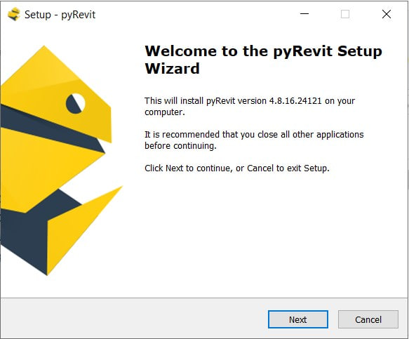 El asistente de instalación de pyRevit 4.8.16