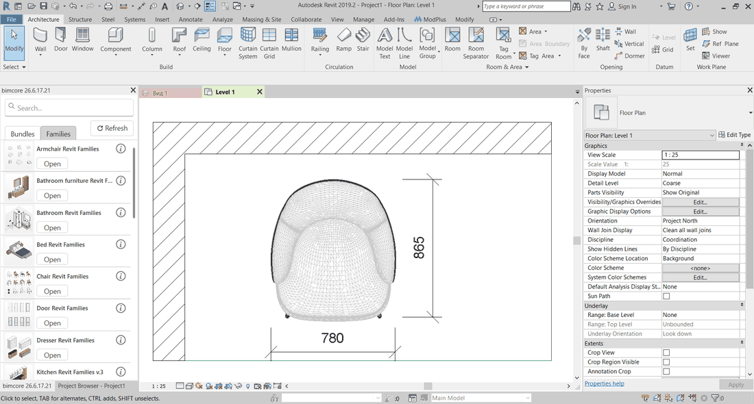Geometría importada de una familia mostrada en una vista de planta de Revit