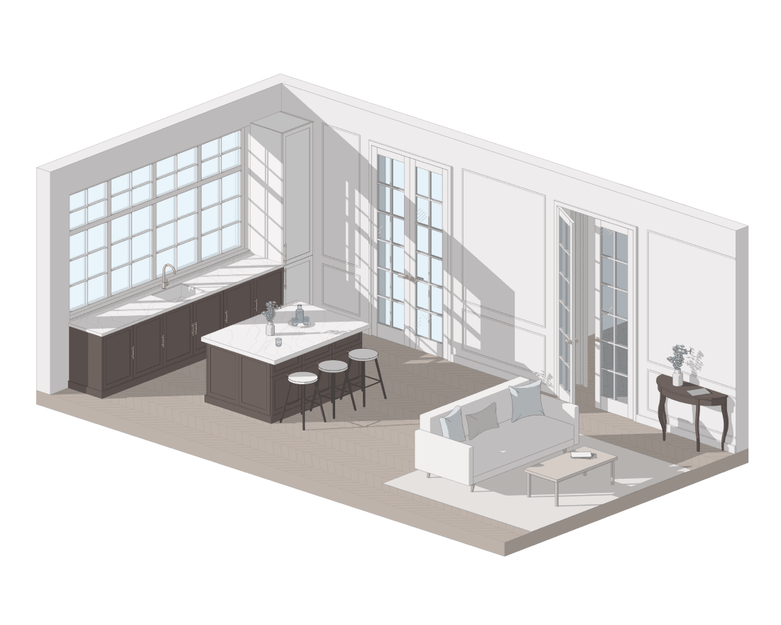 Isla de cocina con barra en Revit, montada con familias BIMCORE