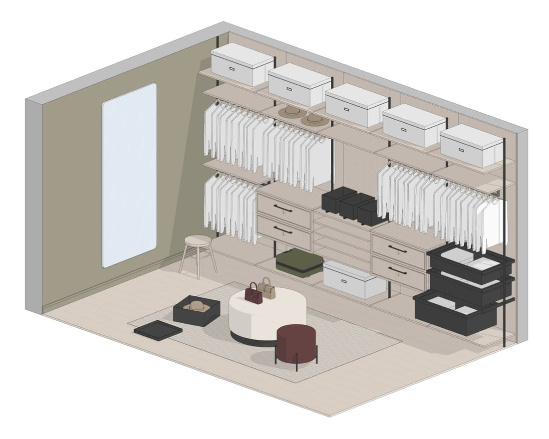 Vestidor BIMCORE en Revit con estantes abiertos y cajones