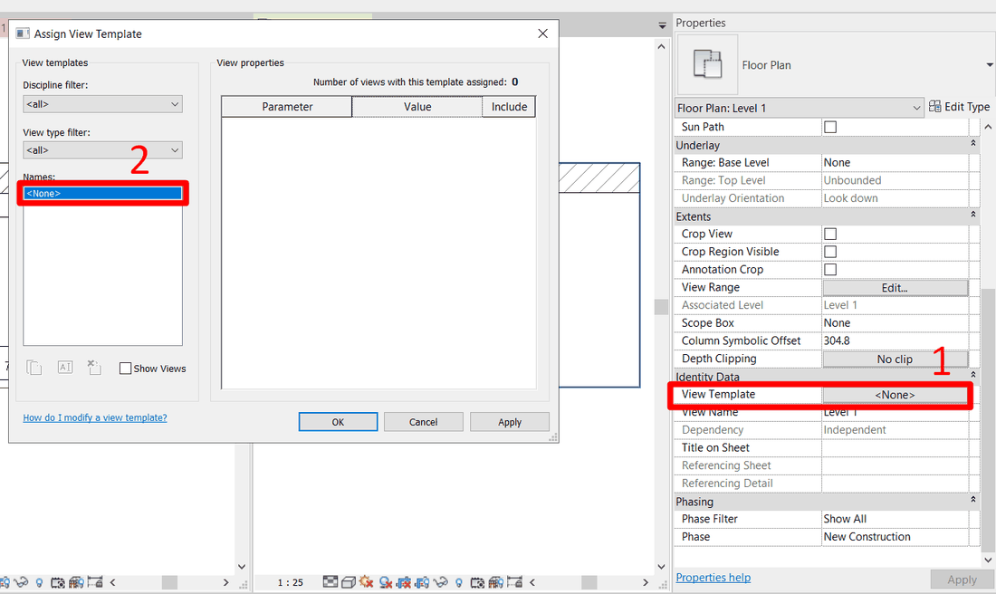 Eliminación de una plantilla asignada a una vista de Revit