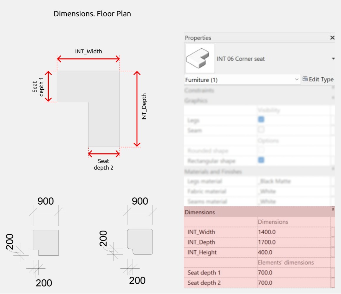 Modular Sofa Revit Families — Elements’ dimensions