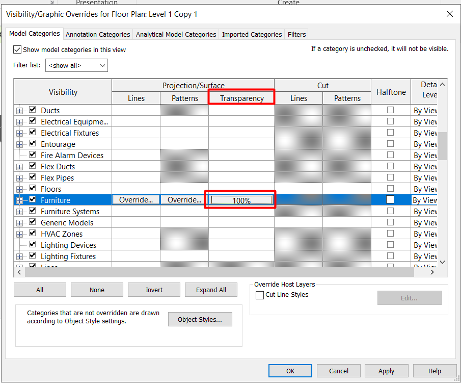 Configuración de la transparencia de una categoría en Revit