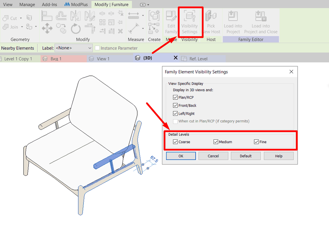 Configuración de visibilidad de la geometría de una familia de Revit para plantas y niveles de detalle