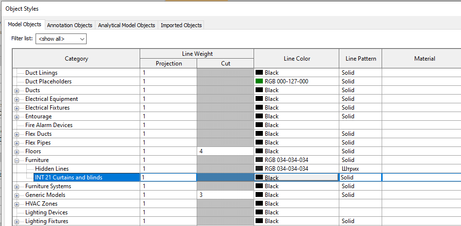 Curtains Revit Families — Graphics settings