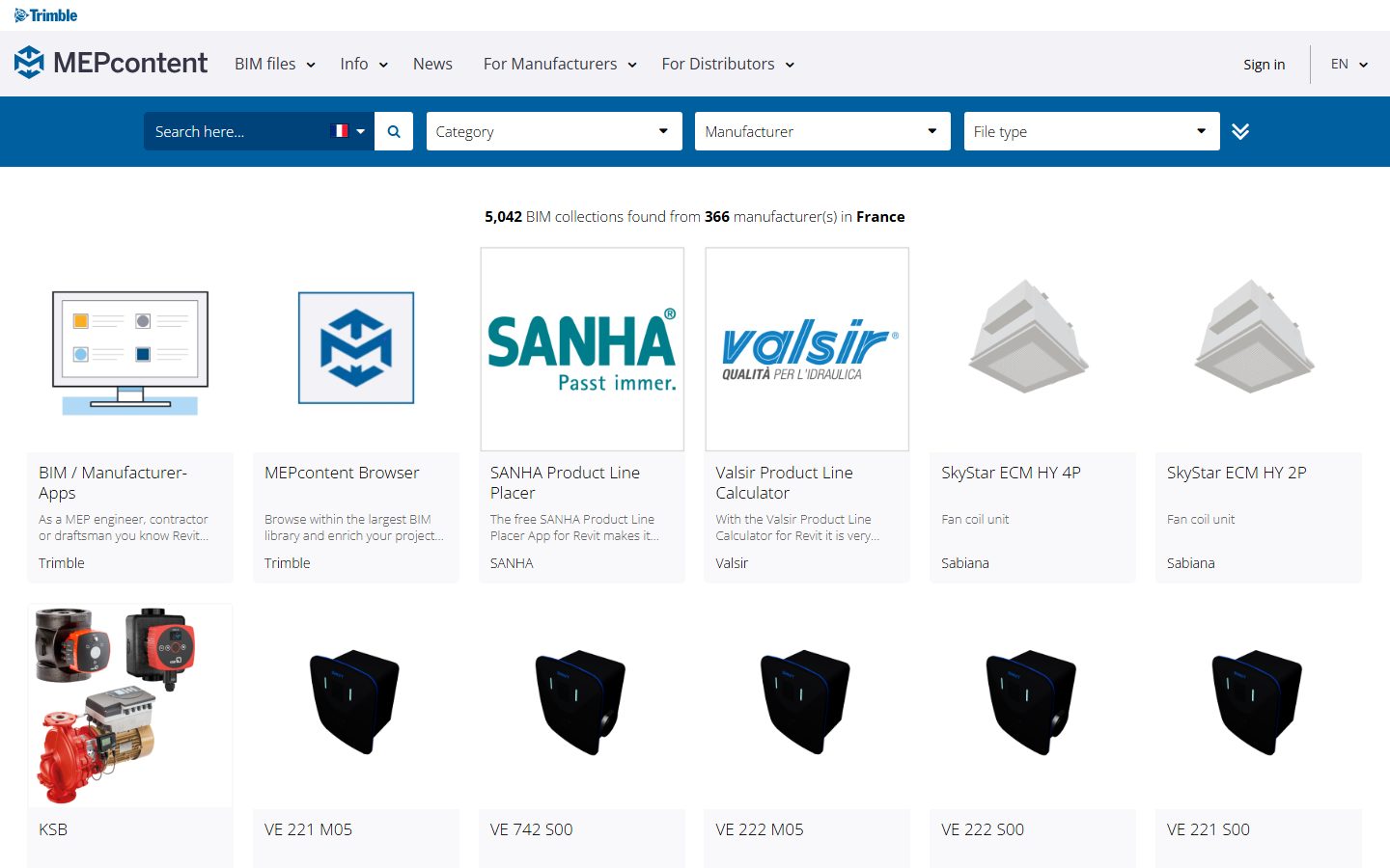 MEPcontent — biblioteca BIM de Trimble con archivos Revit específicos de fabricantes