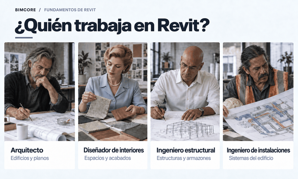 Un arquitecto, un diseñador de interiores, un ingeniero estructural y un ingeniero de instalaciones trabajan en distintas partes de un proyecto