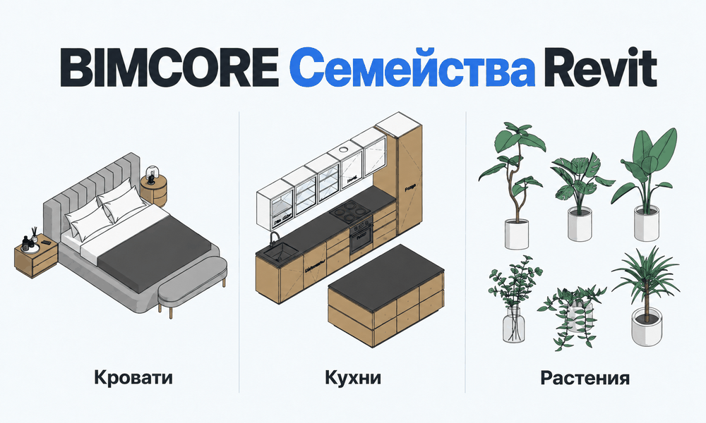 Коллаж семейств BIMCORE — кровати, кухни и растения
