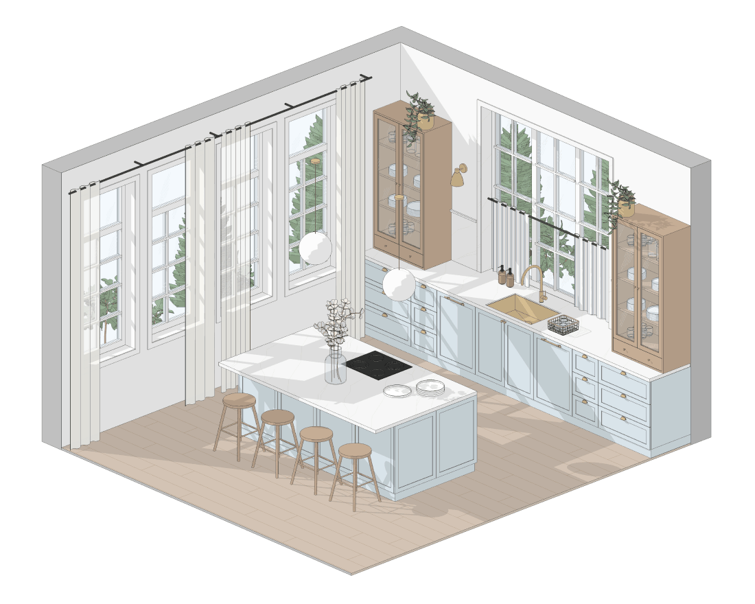 Кухня напротив окна в Revit