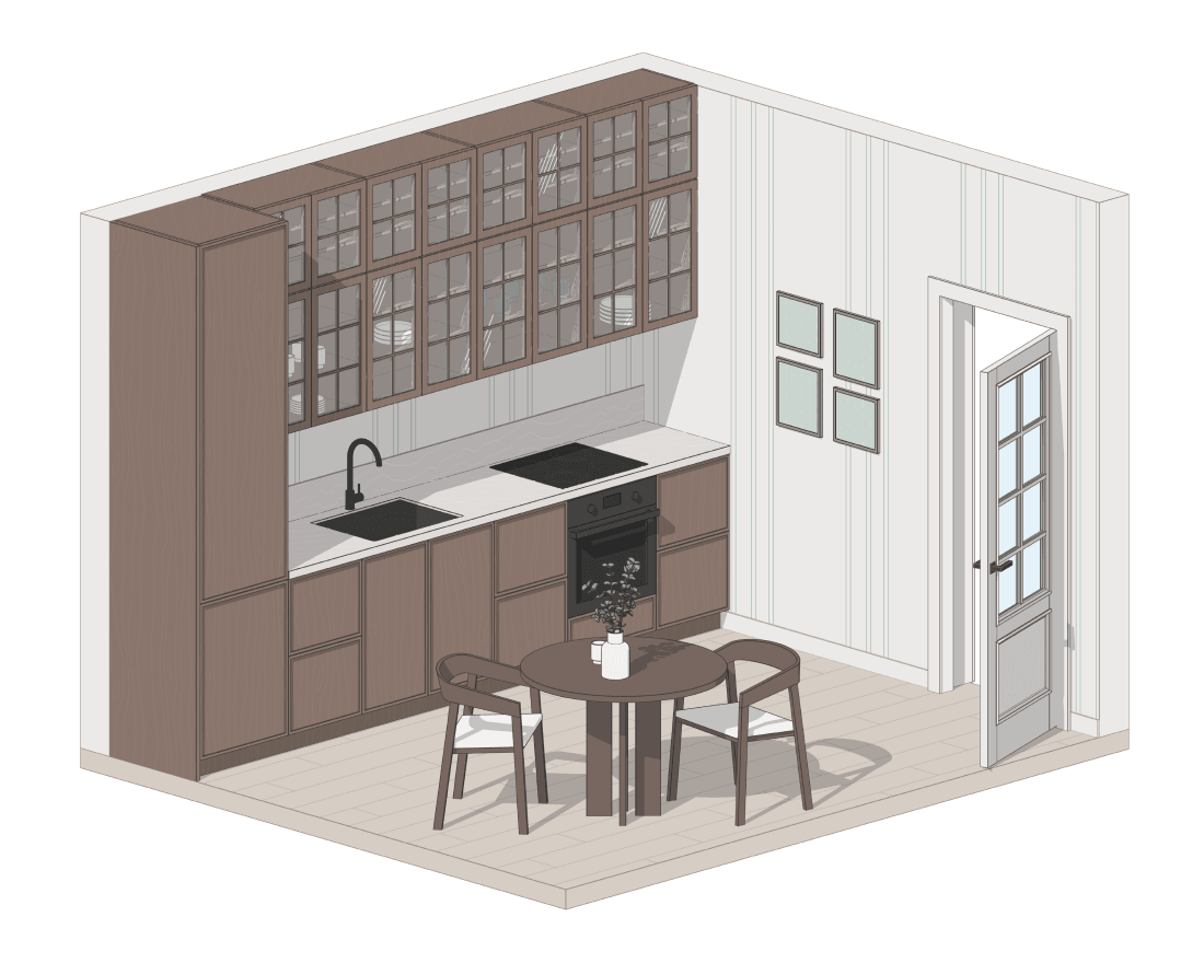 Кухня с витринами и стеклянными дверцами в Revit cделанная семействами BIMCORE