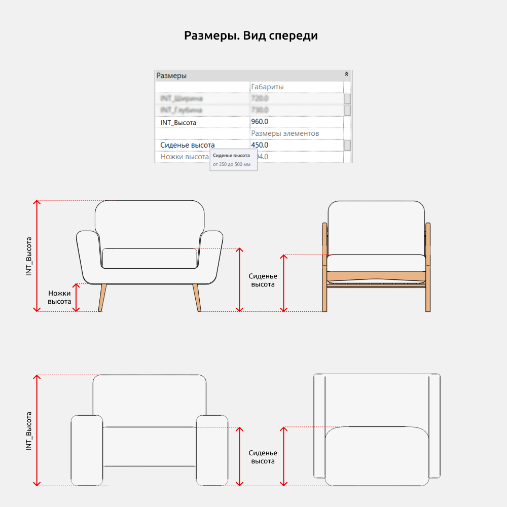 Кресла для Revit — Размеры кресел