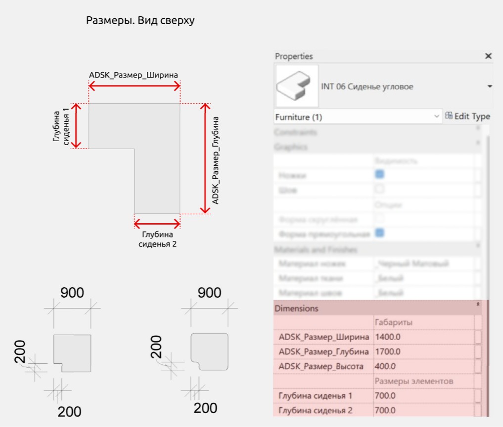 Диван-трансформер для Revit — Размеры элементов