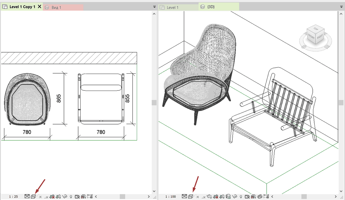 Отображение семейств в режиме «Каркас» на плане и в 3D в Revit