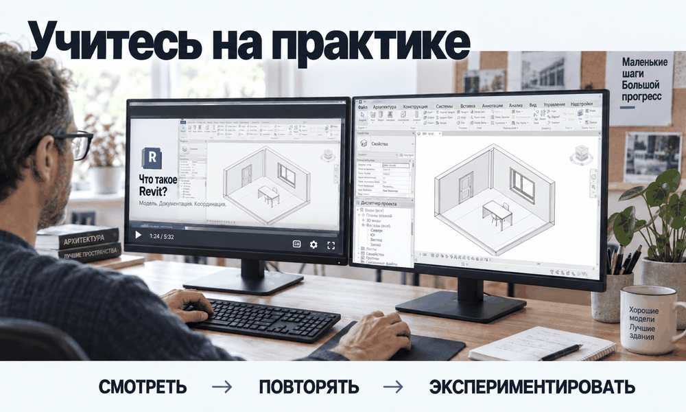 Иллюстрация обучения Revit на двух экранах — смотреть, повторять и экспериментировать
