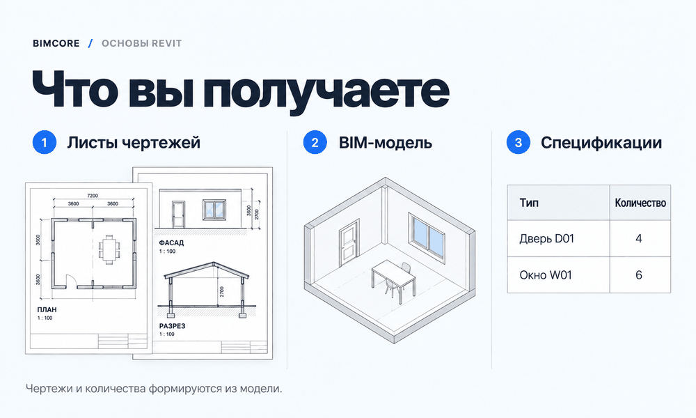 Результаты работы в Revit — листы чертежей, BIM-модель и спецификации