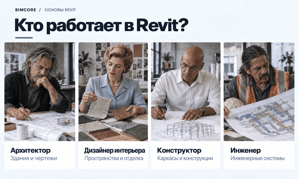 Архитектор, дизайнер интерьера, конструктор и инженер работают над разными частями проекта